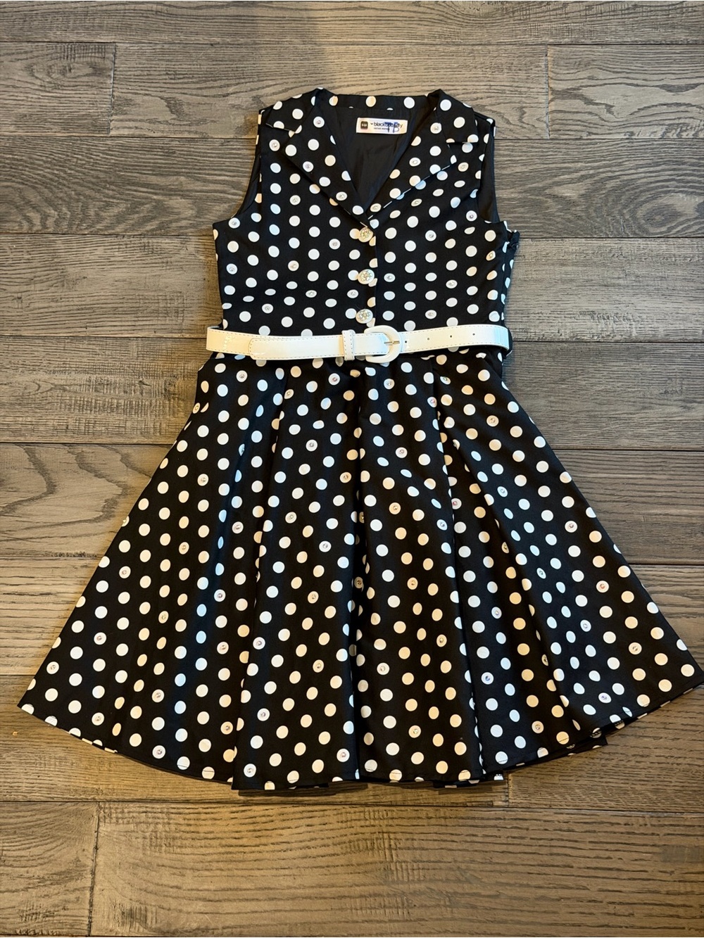 Girls Black & White Polka Dot Dress with White Belt, rhinestone embellishments.